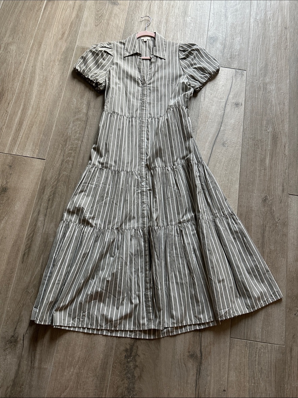 Striped Puff-Sleeve Button-Front Maxi Dress - Gray